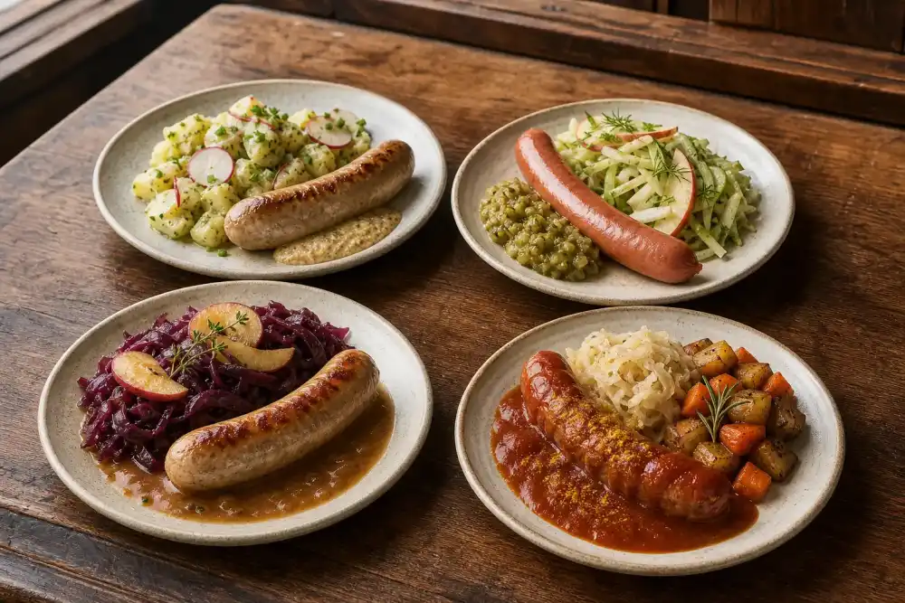 Four seasonal German sausage plates show the same core menu format adapted with different sides, sauces, and garnishes.