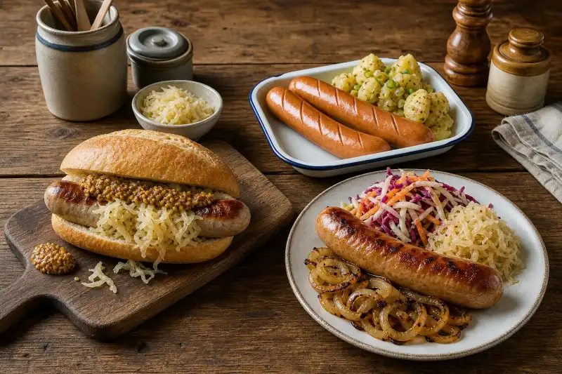 Three German sausage servings on a rustic counter: bratwurst in a roll, frankfurters in a tray, and a plated sausage meal with seasonal sides.