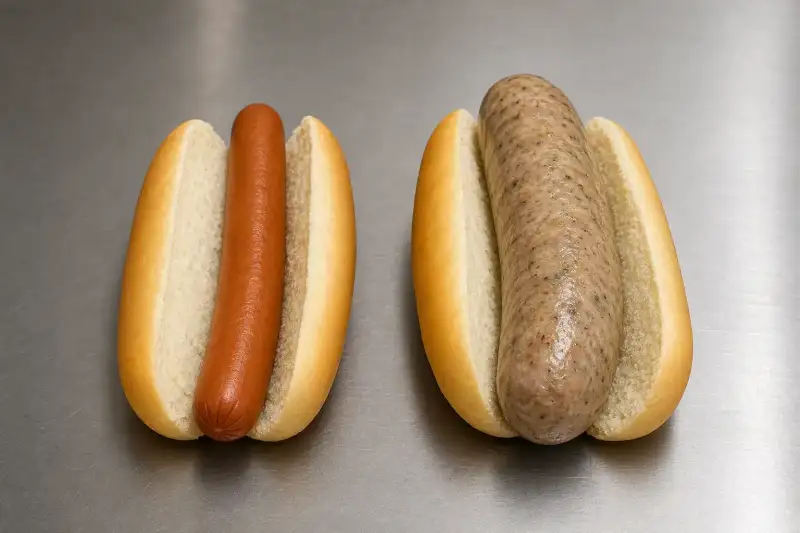 Two sausages of the same length, one slim and smoked, one plump and fresh, sit beside plain rolls to show they are not interchangeable.
