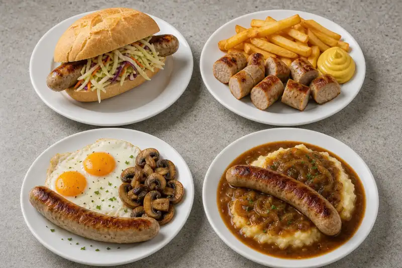 Four bratwurst dishes show German sausages served as breakfast, pub food, a street snack, and a winter meal.