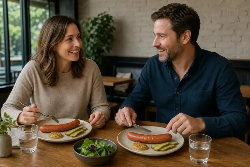 Two adults at a café table with a smoked frankfurter plated with mustard and pickles for lunch.