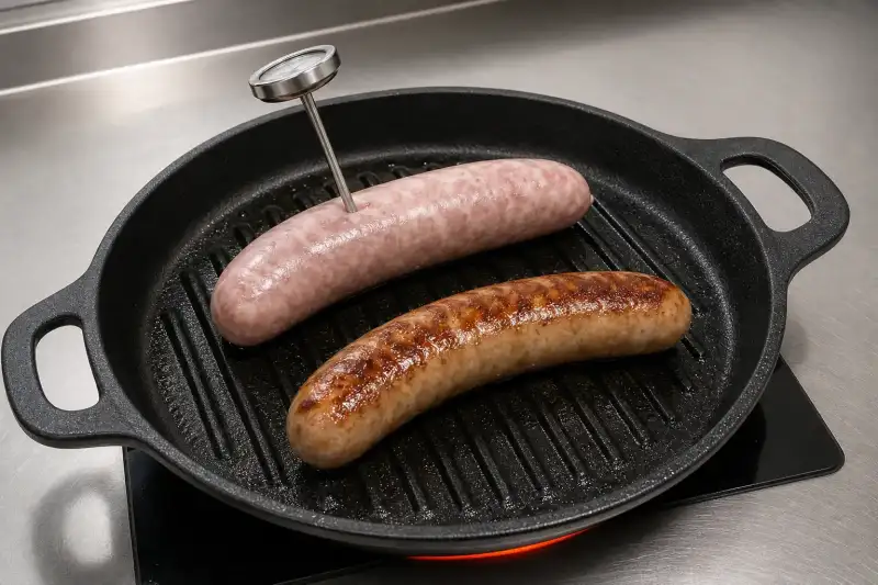 Two bratwursts on a grill pan, one raw with a thermometer and one browned for gentle reheating.