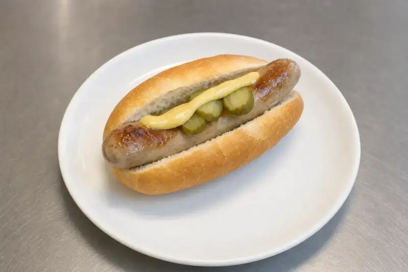 A bratwurst in a plain roll with mustard and pickles on a clean plate, showing that a simple build needs only a few toppings.