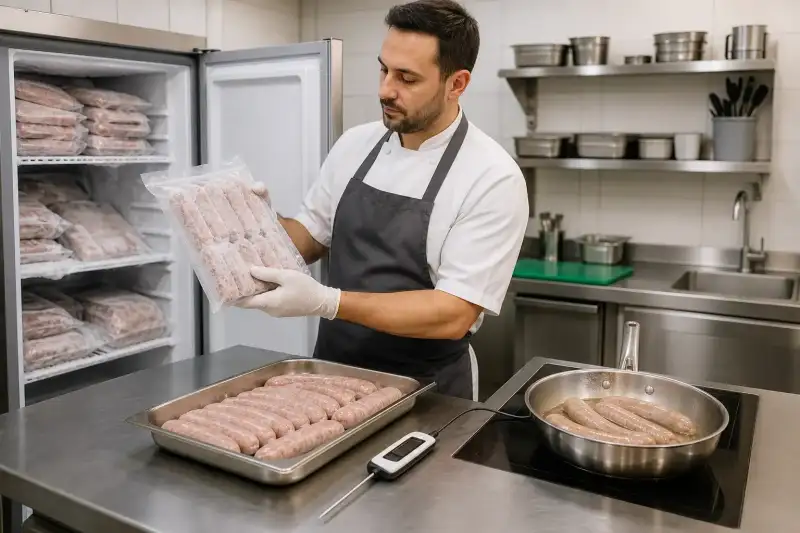 Chef beside an open freezer compares frosty frozen sausages with thawed sausages and a gently cooking pan.
