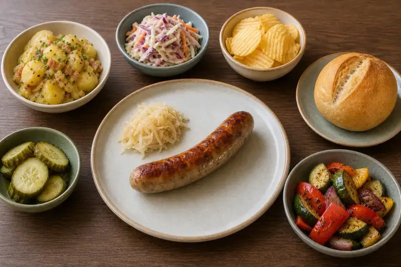 Bratwurst with a small side of sauerkraut surrounded by chips, potato salad, slaw, pickles, and a bread roll.