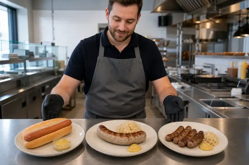 A chef compares a frankfurter in a roll with bratwurst and Nuremberg sausages on a prep counter.