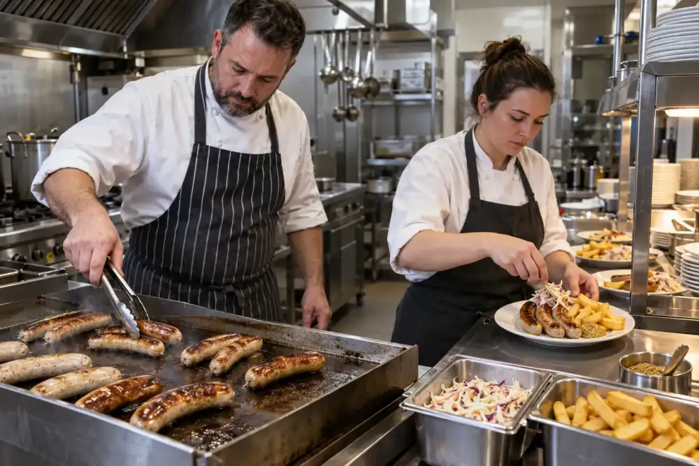 Two chefs test German sausages on a flat-top griddle and plate them with chips, coleslaw and mustard.