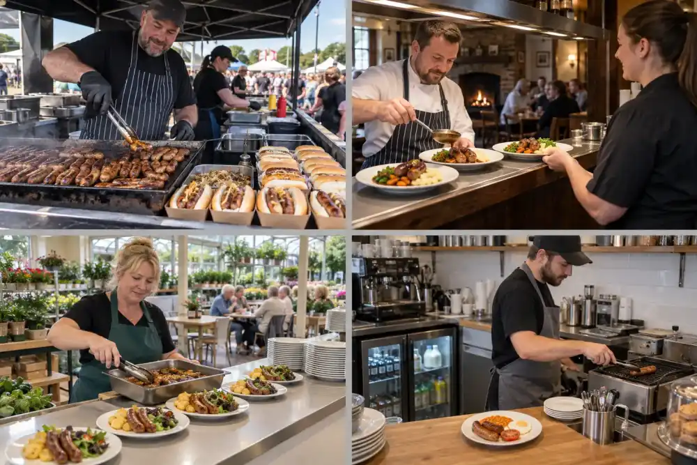 Foodservice workers batch-cook festival sausages, plate a pub meal, portion garden-centre café servings and grill one small-café order.