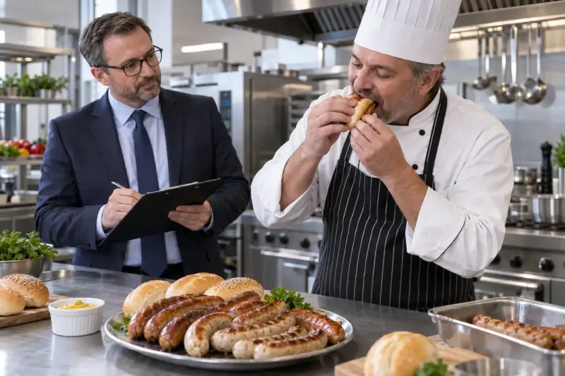 Commercial buyer writes on a turned-away blotter as a head chef tastes a sausage beside plated sausages, buns, and mustard.