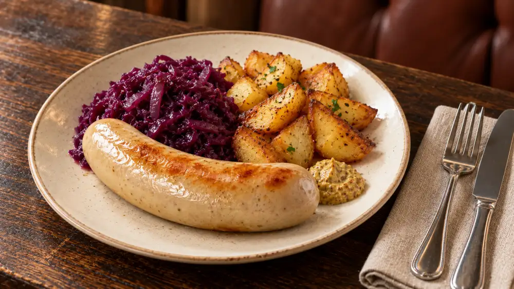 A whole browned bratwurst with braised red cabbage, golden potatoes and mustard on a ceramic plate.