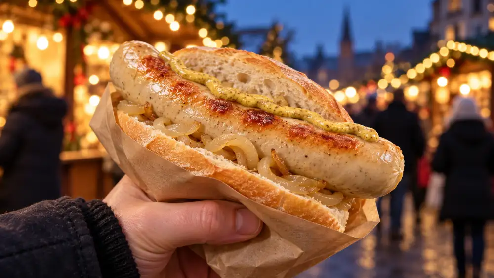 A whole German bratwurst in a roll with onions and mustard, held against Christmas market lights.
