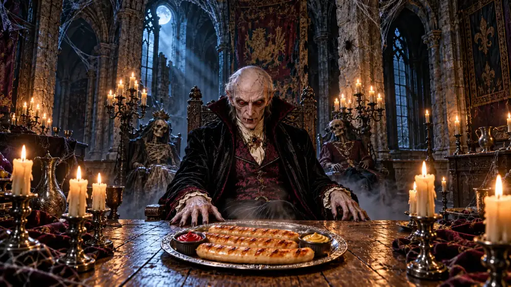 Dracula seated in a candlelit gothic castle with three grilled German bratwursts, ketchup and mustard, flanked by skeletons.