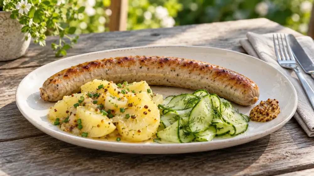 A long browned bratwurst with potato salad, cucumber ribbons and wholegrain mustard on an oval plate outdoors.