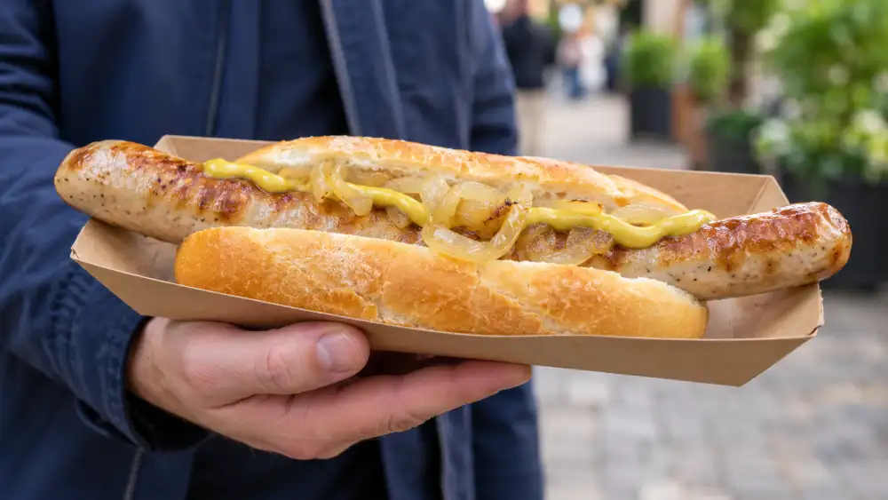 A hand holds a long bratwurst in a bread roll with mustard and onions, supported by a kraft tray.
