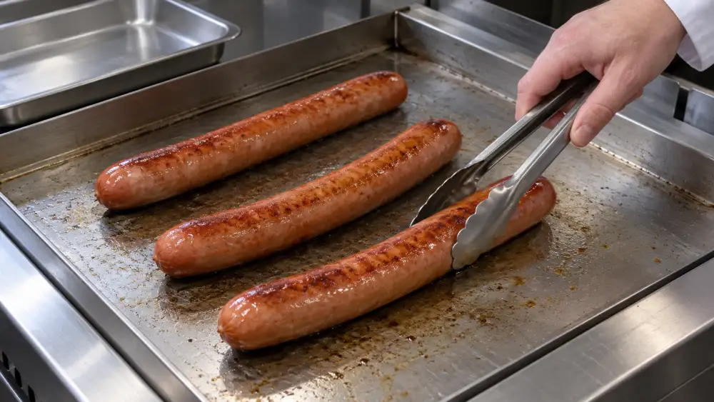 A cook uses stainless steel tongs to turn one of three long frankfurters on a commercial flat-top griddle.