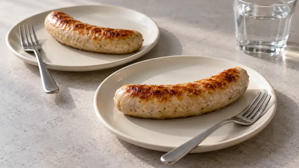 Two whole browned bratwursts on matching tasting plates with forks and a glass of water.