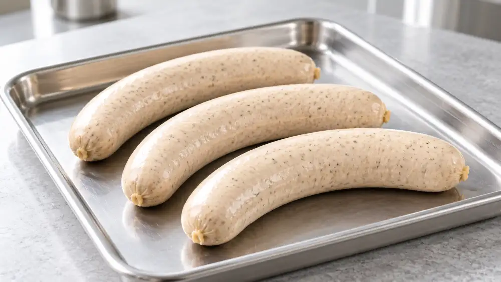 Three pale, intact German bratwursts arranged on a shallow stainless steel preparation tray.