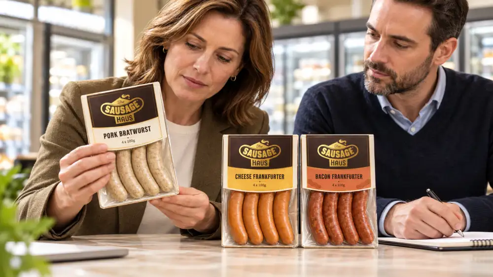 Two retail buyers review Sausage Haus four-pack sausages at a sample table.