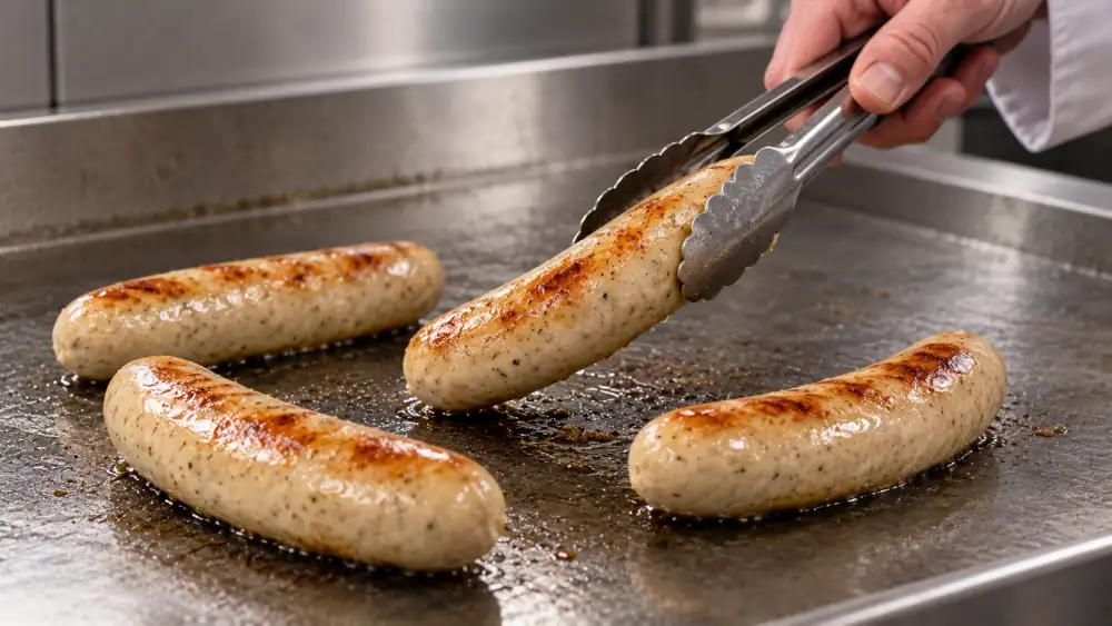 A cook uses stainless steel tongs to turn one of four whole bratwursts on a flat-top griddle.